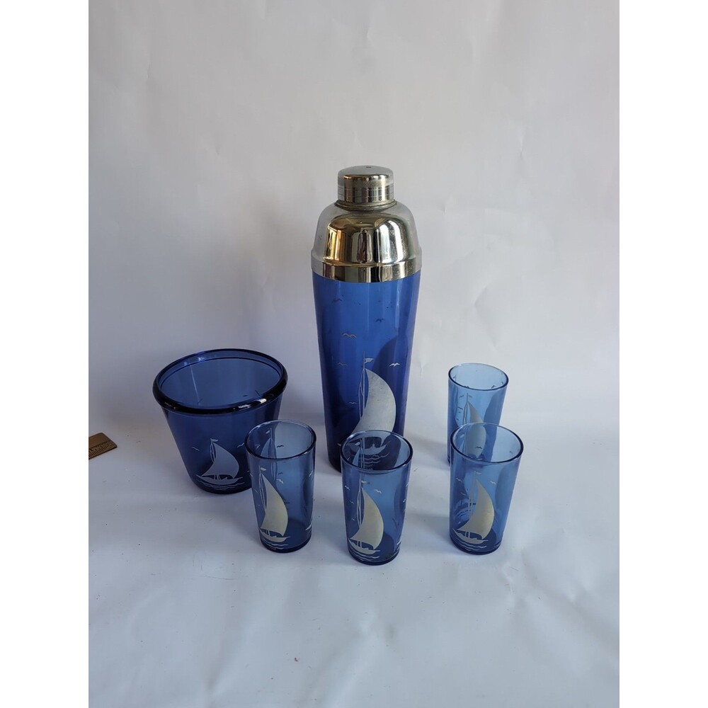 Hazel Atlas Cocktail Shaker Set Ice Bucket Glasses Cobalt Blue Sail Boat MCM Vtg
